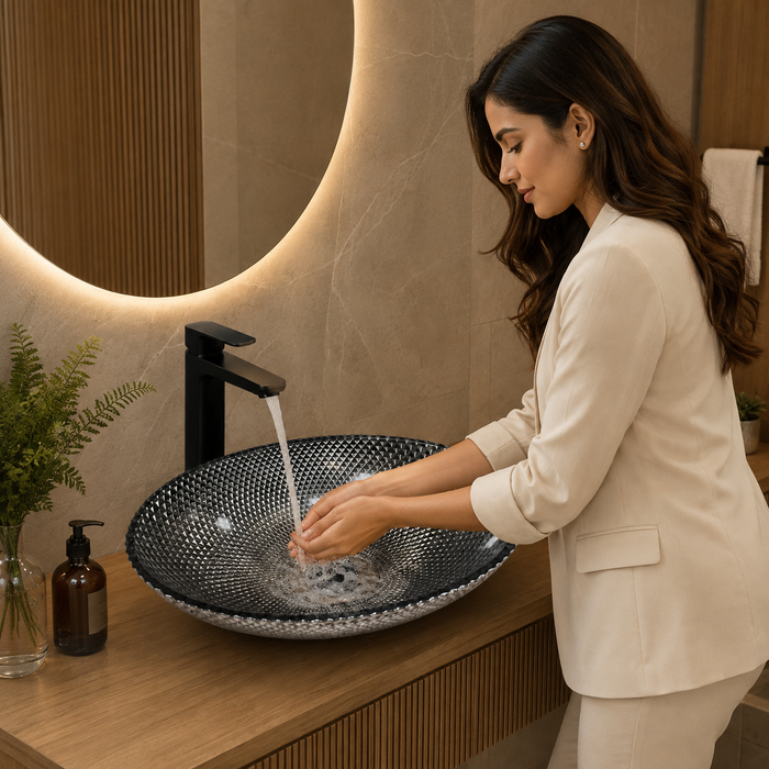 Smoky Black Textured Glass Table Top Wash Basin – 16.9 × 12.6 × 4.7 Inch Oval Countertop Basin for Modern Luxury Bathroom