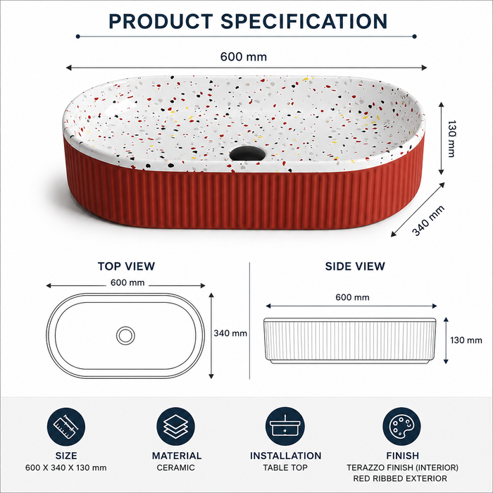 Modern Terrazzo Finish Oval Table Top Wash Basin – Red Ribbed Ceramic | 600 × 340 × 130 mm