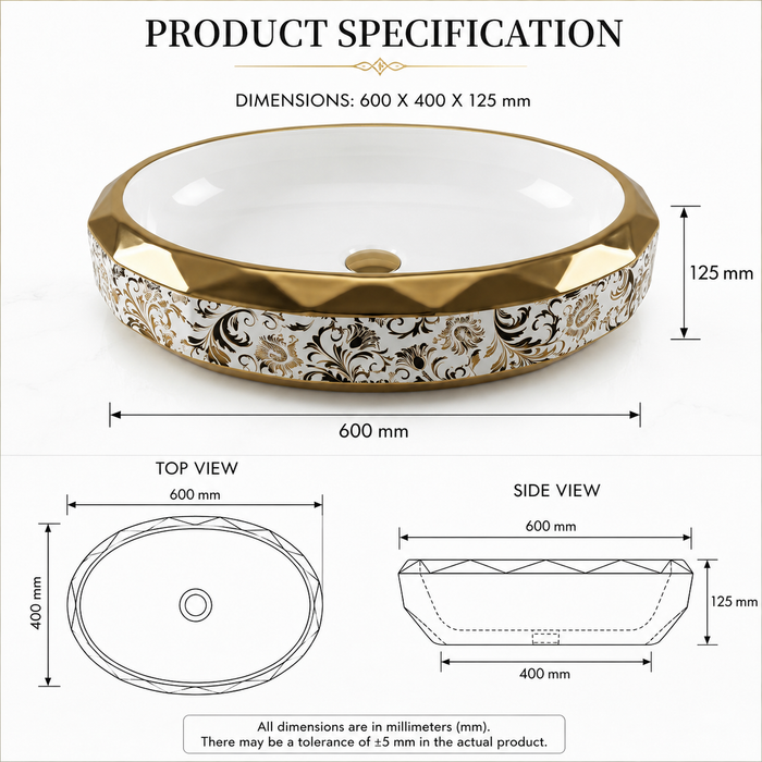 Luxury Gold & White Floral Oval Ceramic Table Top Wash Basin – 600×400×125 mm
