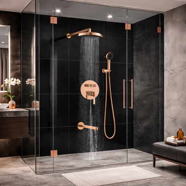 BASSINO PURE Concealed Shower Set – 3 Way Diverter with Overhead, Hand Shower & Spout | Rose Gold
