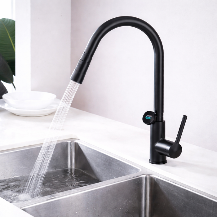 BASSINO KITPRO Smart Kitchen Faucet – Pull Down Spray with Temperature Display, Black Matt | Hot & Cold | 3 Years Warranty