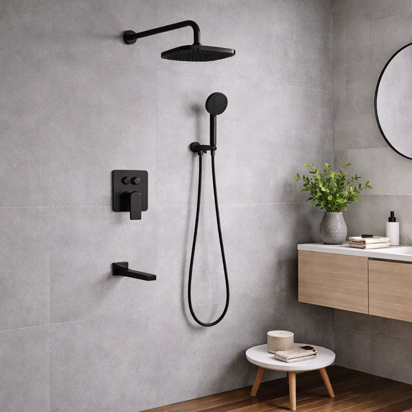 BASSINO PYRO Concealed Shower Set – 3 Way Diverter with Overhead, Hand Shower & Spout | 3 Years Warranty Black