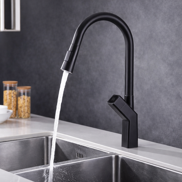 BASSINO KOSTA Smart Kitchen Faucet – Pull-Out Spray with Digital Temperature Display | Hot & Cold | 3 Years Warranty Black