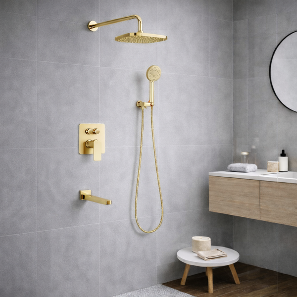 BASSINO PYRO Concealed Shower Set – 3 Way Diverter with Overhead, Hand Shower & Spout | 3 Years Warranty Gold