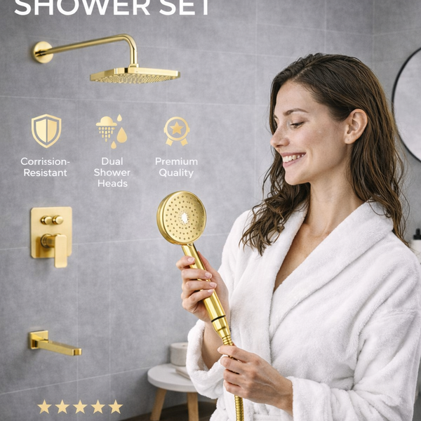 BASSINO PYRO Concealed Shower Set – 3 Way Diverter with Overhead, Hand Shower & Spout | 3 Years Warranty Gold