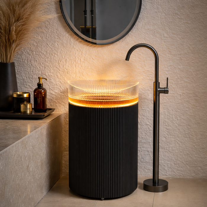 Designer Pedestal Wash Basin with Amber Glass Bowl | Luxury Artificial Stone Basin - 19.5″ × 15″ × 34″ In