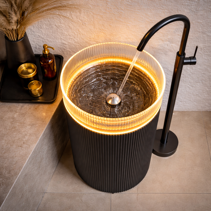 Designer Pedestal Wash Basin with Amber Glass Bowl | Luxury Artificial Stone Basin - 19.5″ × 15″ × 34″ In
