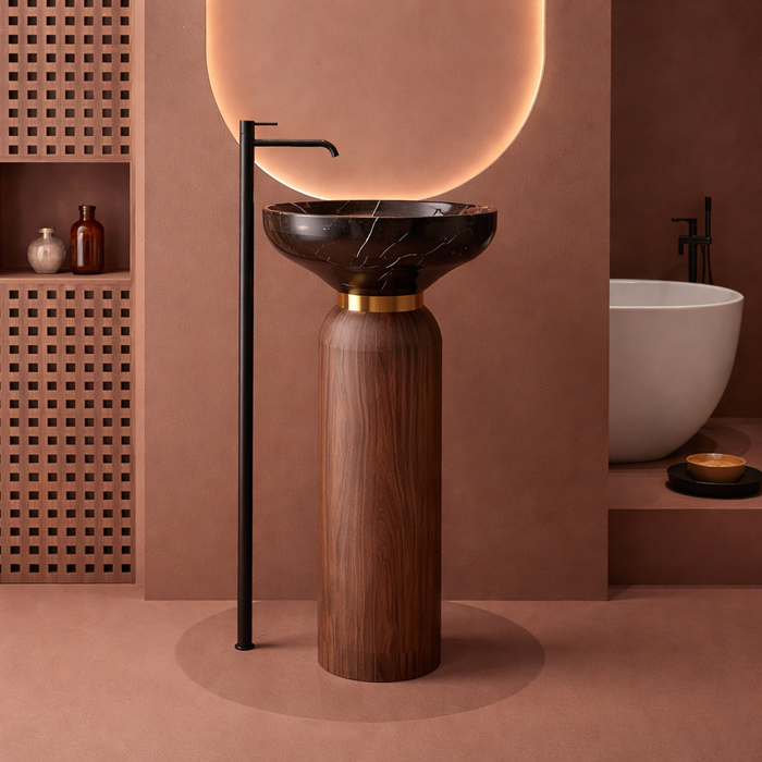 Dual Tone finish Pedestal Wash Basin | Luxury Artificial Stone Freestanding Basin - 17.5″ × 17.5″ × 34″ In Brown