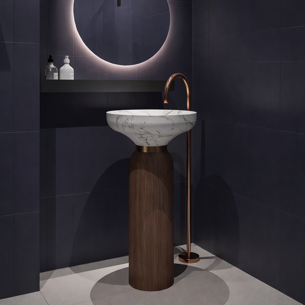 Dual Tone finish Pedestal Wash Basin | Luxury Artificial Stone Freestanding Basin - 17.5″ × 17.5″ × 34″ In White