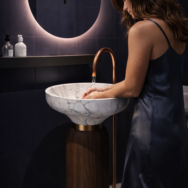 Dual Tone finish Pedestal Wash Basin | Luxury Artificial Stone Freestanding Basin - 17.5″ × 17.5″ × 34″ In White