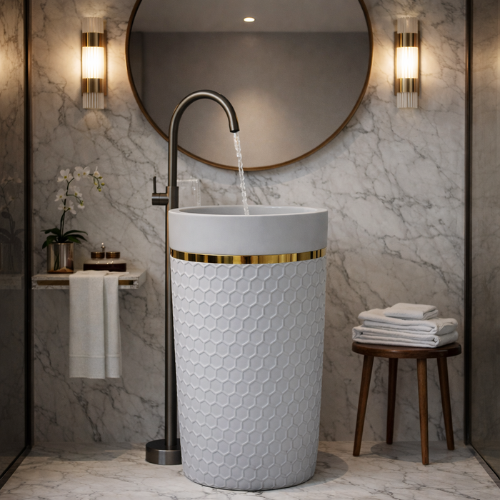 Artificial Stone Pedestal Basin – Grey Designer Floor Mounted Wash Basin | 15″ × 15″ × 34″ In