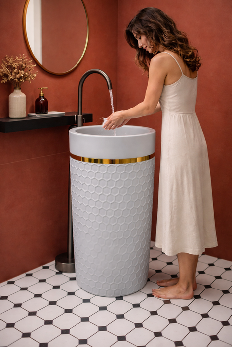 Artificial Stone Pedestal Basin – Grey Designer Floor Mounted Wash Basin | 15″ × 15″ × 34″ In