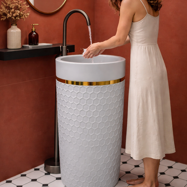 Artificial Stone Pedestal Basin – Grey Designer Floor Mounted Wash Basin | 15″ × 15″ × 34″ In