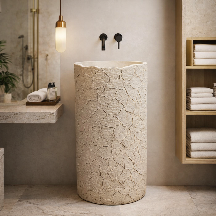 Artificial Stone Pedestal Basin – Ivory Designer Floor Mounted Wash Basin | 17.5″ × 17.5″ × 34″ In