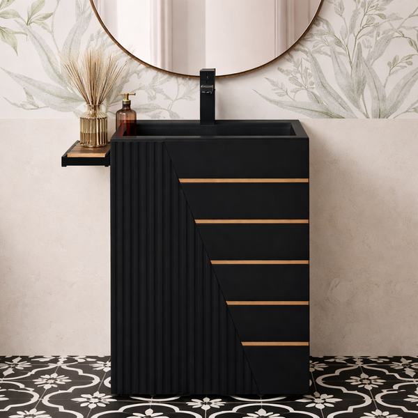 Artificial Stone Pedestal Basin – Black with Gold Line Design | With Tap Hole | 19″ × 16″ × 34″ in