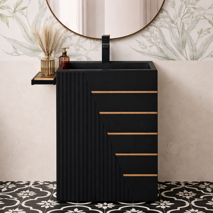 Artificial Stone Pedestal Basin – Black with Gold Line Design | With Tap Hole | 19″ × 16″ × 34″ in