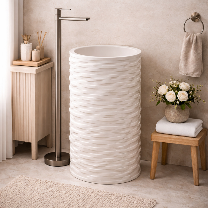 Artificial Stone Pedestal Basin – Matt Ivory Sculpted Texture Floor Mounted Basin | 18.5″ × 18.5″ × 34″ In