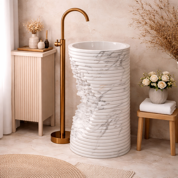 Artificial Stone Pedestal Basin – Sculpted Marble-Effect Matt Finish Floor Mounted Basin | 16″ × 16″ × 34″ In