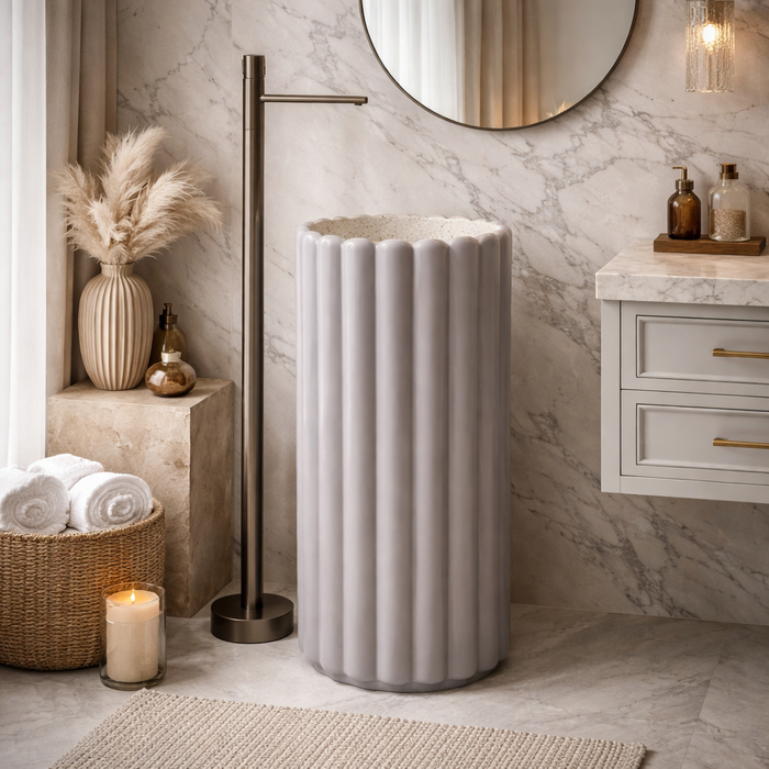 Fluted Circular Pedestal | Soft Matt Finish Artificial Stone Pedestal Basin 17.5″ × 17.5″ × 34″ In