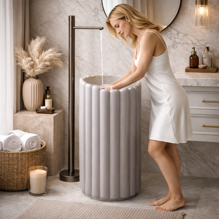 Fluted Circular Pedestal | Soft Matt Finish Artificial Stone Pedestal Basin 17.5″ × 17.5″ × 34″ In