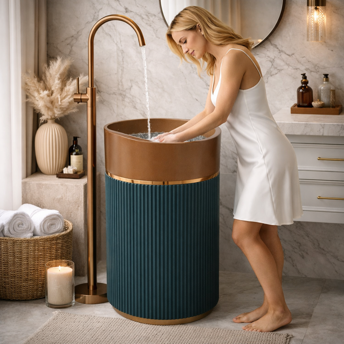 Two-Tone Contemporary Statement | Matt Designer Finish Artificial Stone Pedestal Basin 17″ × 17″ × 34″ In