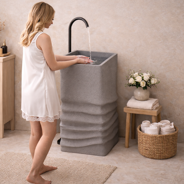 Modern Sculpted Texture | Floor Mounted Statement Artificial Stone Pedestal Basin 16.5″ × 16.5″ × 34″ In