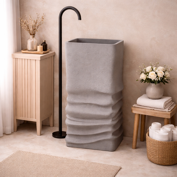 Modern Sculpted Texture | Floor Mounted Statement Artificial Stone Pedestal Basin 16.5″ × 16.5″ × 34″ In