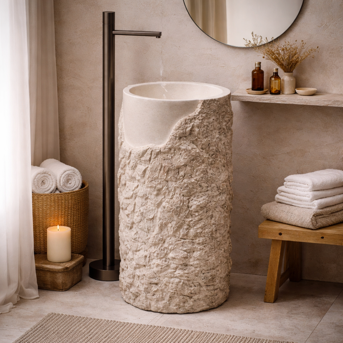 Natural Rock Texture | Sculpted Matt Finish Artificial Stone Pedestal Basin 19″ × 19″ × 34″ In
