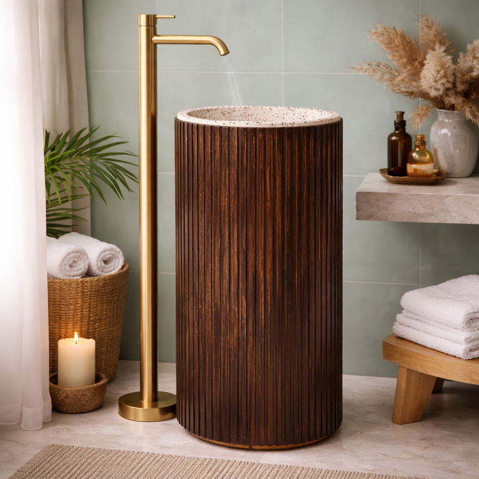 Wooden Finish Artificial Stone Pedestal Basin | Luxury Freestanding Wash Basin 16″ × 16″ × 34.5″ In