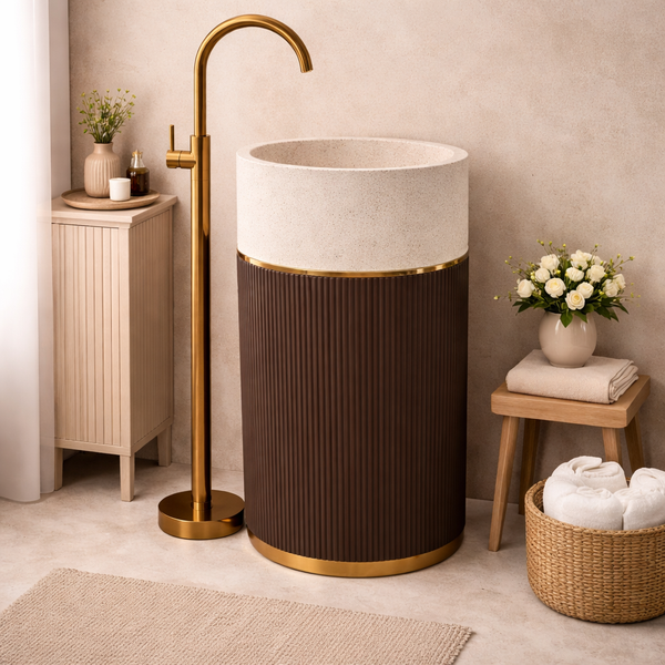 Refined Two-Tone Elegance | Designer Floor-Mounted Artificial Stone Pedestal Basin 17.5″ × 17.5″ × 34″ In