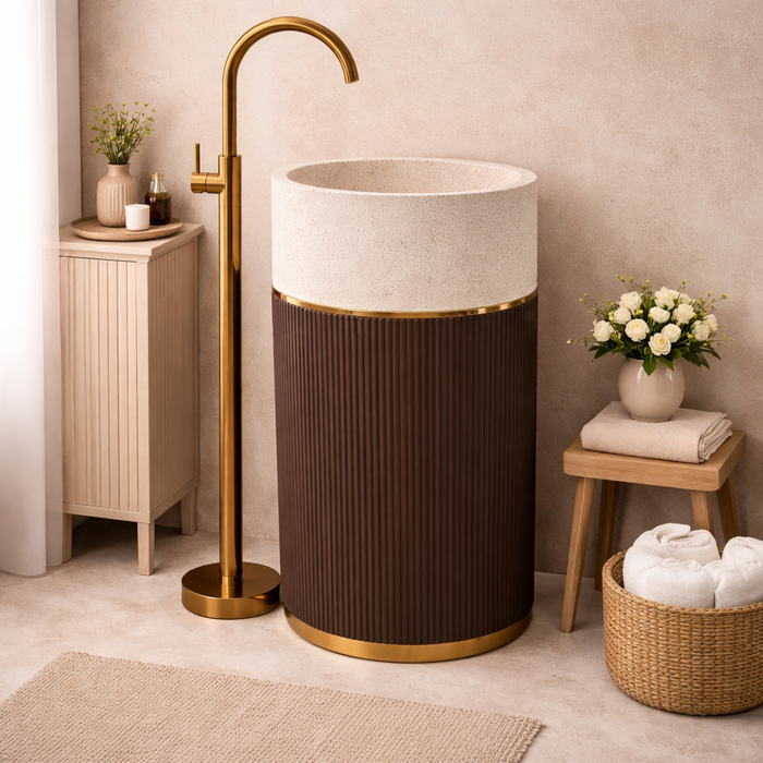 Refined Two-Tone Elegance | Designer Floor-Mounted Artificial Stone Pedestal Basin 17.5″ × 17.5″ × 34″ In