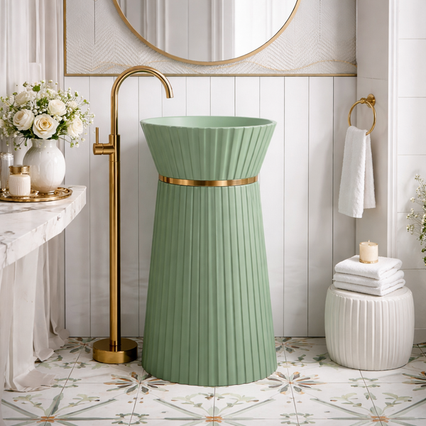 Sculpted Elegance with Rose Gold Accent Artificial Stone Pedestal Basin 17.5″ × 17.5″ × 34″ In Green