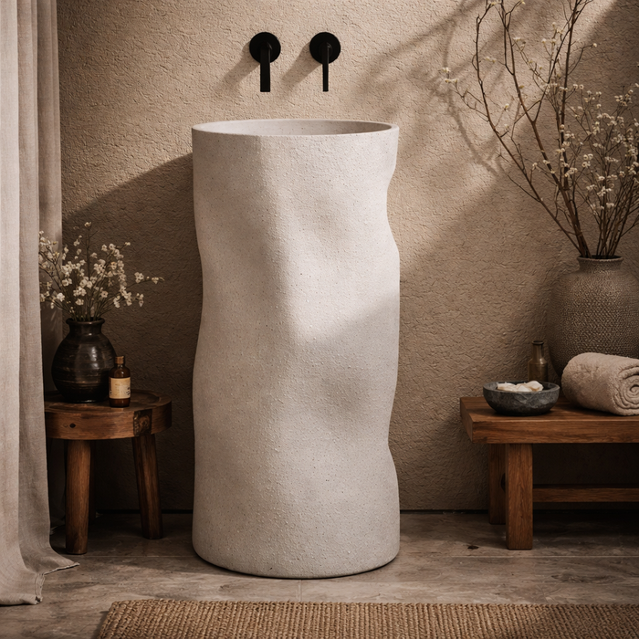 Organic Sculptural Form | Soft Matt Ivory Finish Artificial Stone Pedestal Basin 16″ × 16″ × 34″ In