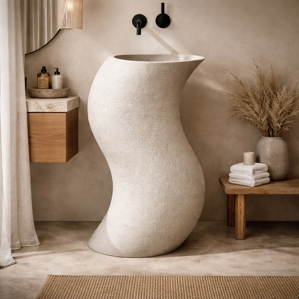 Bold Curved Silhouette | Artistic Matt Ivory Finish Artificial Stone Pedestal Basin 16″ × 16″ × 34″ In