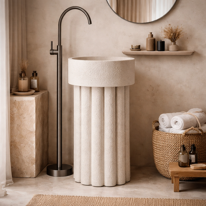 Fluted Column Design | Architectural Matt Ivory Finish Artificial Stone Pedestal Basin 17.5″ × 17.5″ × 32.5″ In