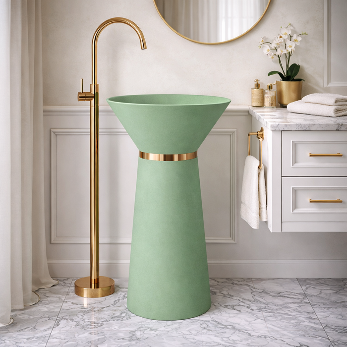 Inverted Bowl Silhouette | Green Finish with Rose Gold Accent Artificial Stone Pedestal Basin 19″ × 19″ × 34″ In