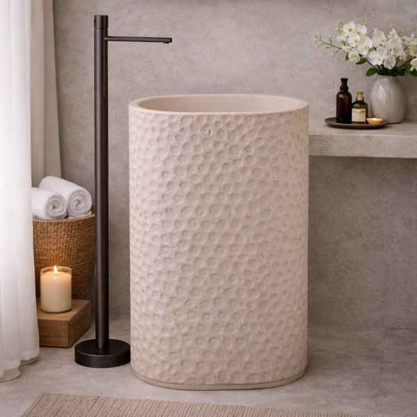 Textured Artificial Stone Pedestal Basin | Luxury Freestanding Wash Basin – Matte Finish 25″ × 16″ × 34″ In