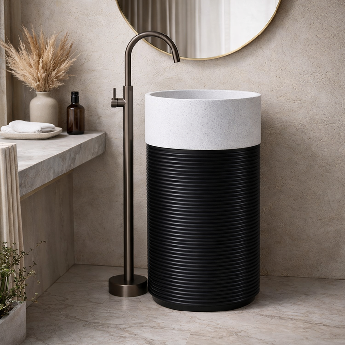 Black & White Artificial Stone Pedestal Basin | Designer Freestanding Wash Basin 18″ × 18″ × 34″ In