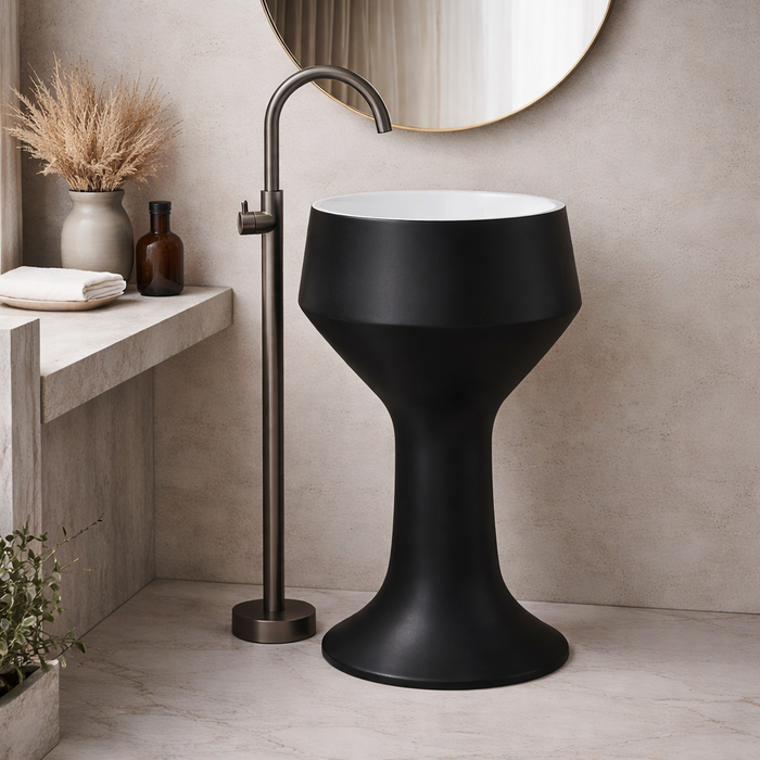 Luxury Pedestal Wash Basin | Designer Artificial Stone Freestanding Basin – Matte Finish 16″ × 16″ × 34″ In
