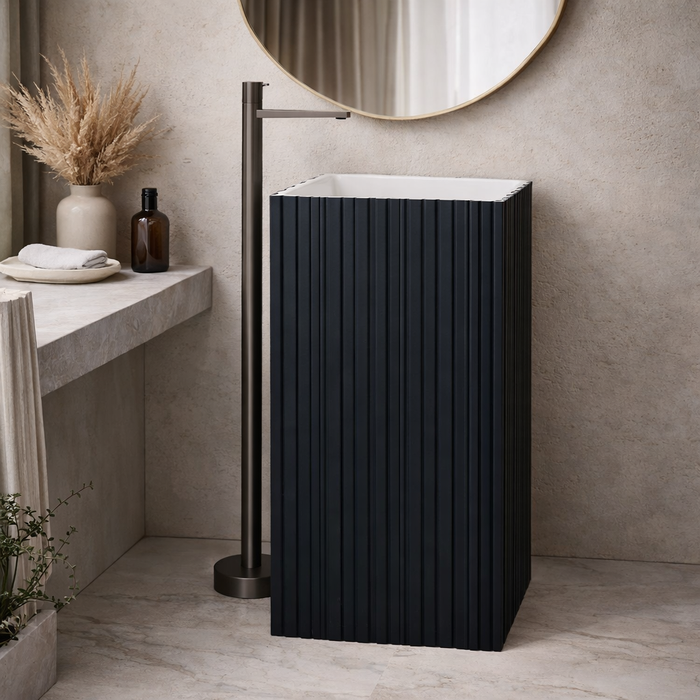 Textured Black Pedestal Basin | Luxury Artificial Stone Freestanding Wash Basin 16″ × 16″ × 34″ In