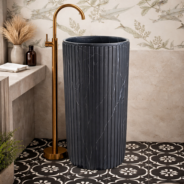 Vertical Fluted Pedestal Wash Basin | Luxury Matte Artificial Stone Freestanding Basin 16″ × 16″ × 34″ In