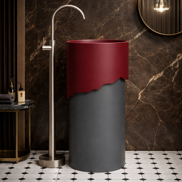 Dual-Tone Designer Pedestal Basin | Modern Artificial Stone Freestanding Wash Basin 16″ × 16″ × 34″ In