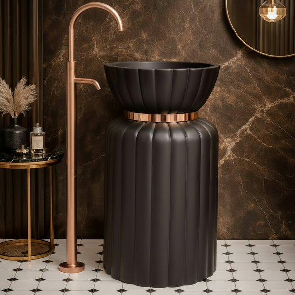Luxury Black Pedestal Wash Basin with Gold Accent | Designer Freestanding Basin 17.5″ × 17.5″ × 34.5″ In