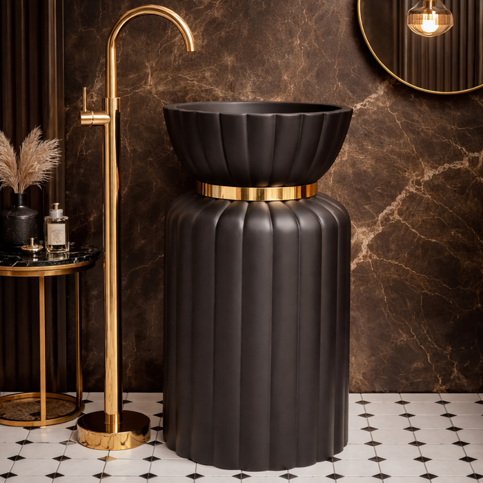 Luxury Black Pedestal Wash Basin with Gold Accent | Designer Freestanding Basin 17.5″ × 17.5″ × 34.5″ In