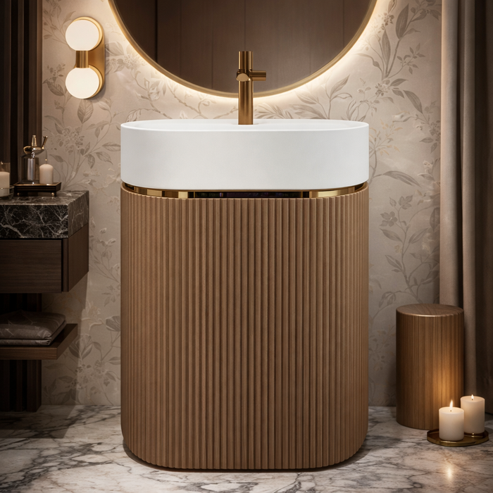 Luxury Artificial Pedestal Basin with Gold Accent | Designer Freestanding Wash Basin with Tap Hole | 16" × 16″ × 34.5″ In Brown