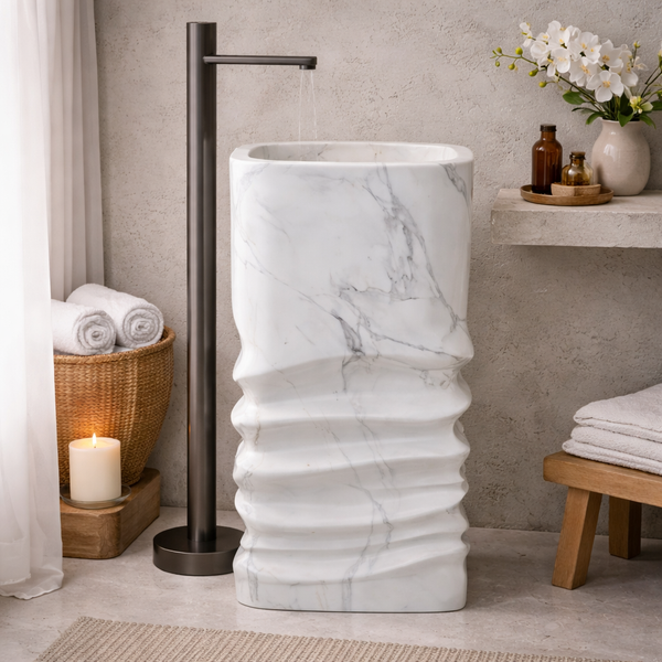Sculpted Marble-Effect Artificial Stone Pedestal Basin | Modern Freestanding Wash Basin 16.5″ × 16.5″ × 33.5″ In