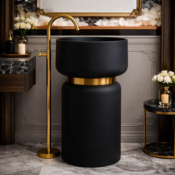Pedestal Wash Basin with Rose Gold Belt | Luxury Freestanding Basin (Without Tap Hole) - 16″ × 16″ × 34″ In Black