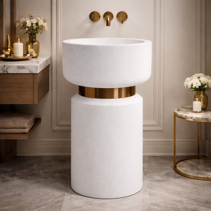 Pedestal Wash Basin with Rose Gold Belt | Luxury Freestanding Basin (Without Tap Hole) - 16″ × 16″ × 34″ In White