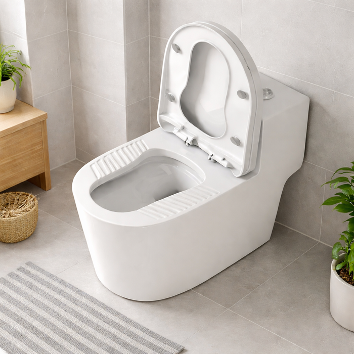 White toilet in a bathroom with tiled walls and plants.