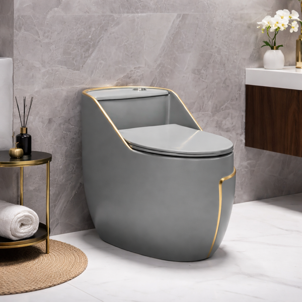 Luxury Siphonic One-Piece Western Toilet | Designer Floor Mounted WC with Gold Line | Approx. 26 × 17 × 23 Inches Grey